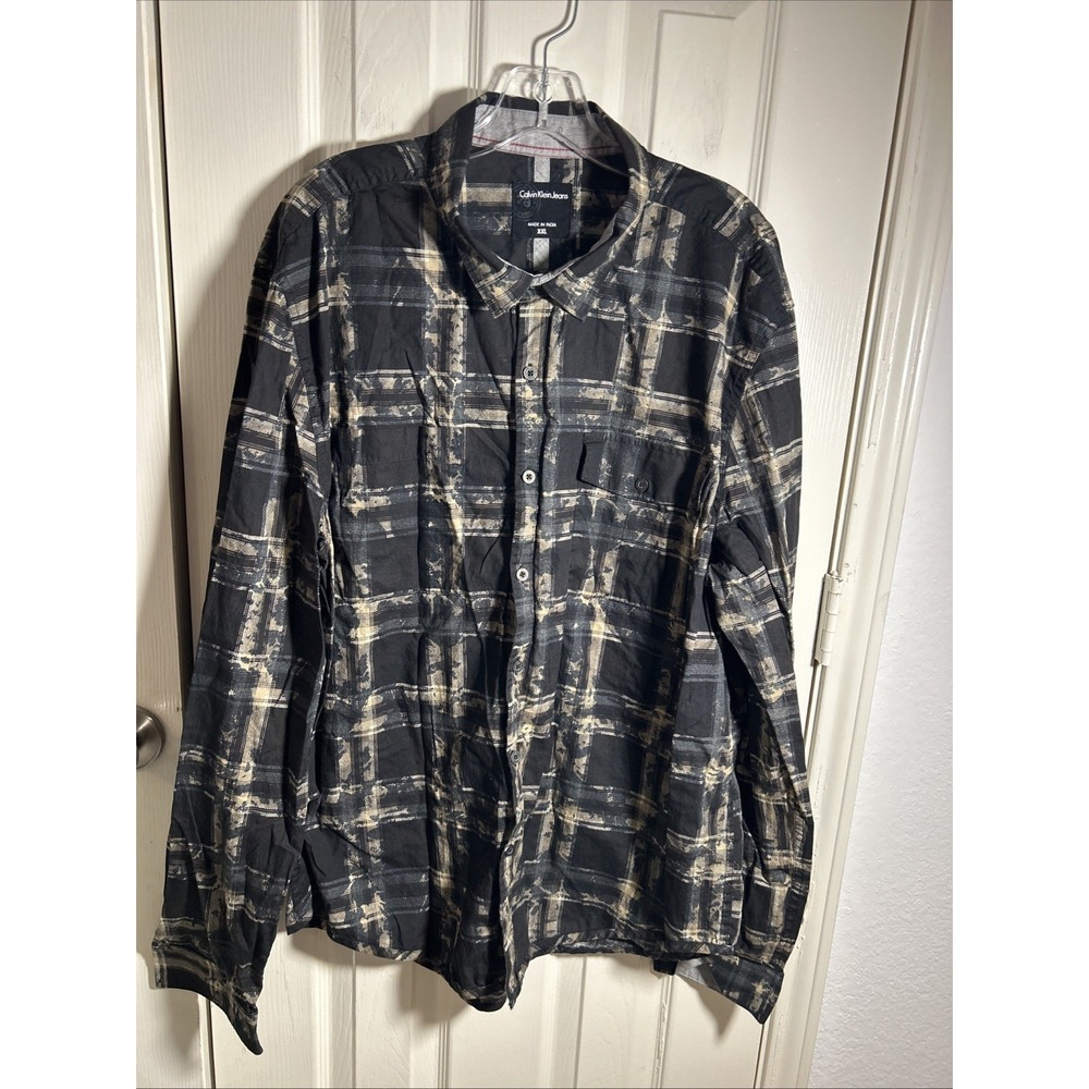 Calvin Klein Jeans Shirt Black Brown Button Up Long Sleeve Mens XXL 2XL Pockets
